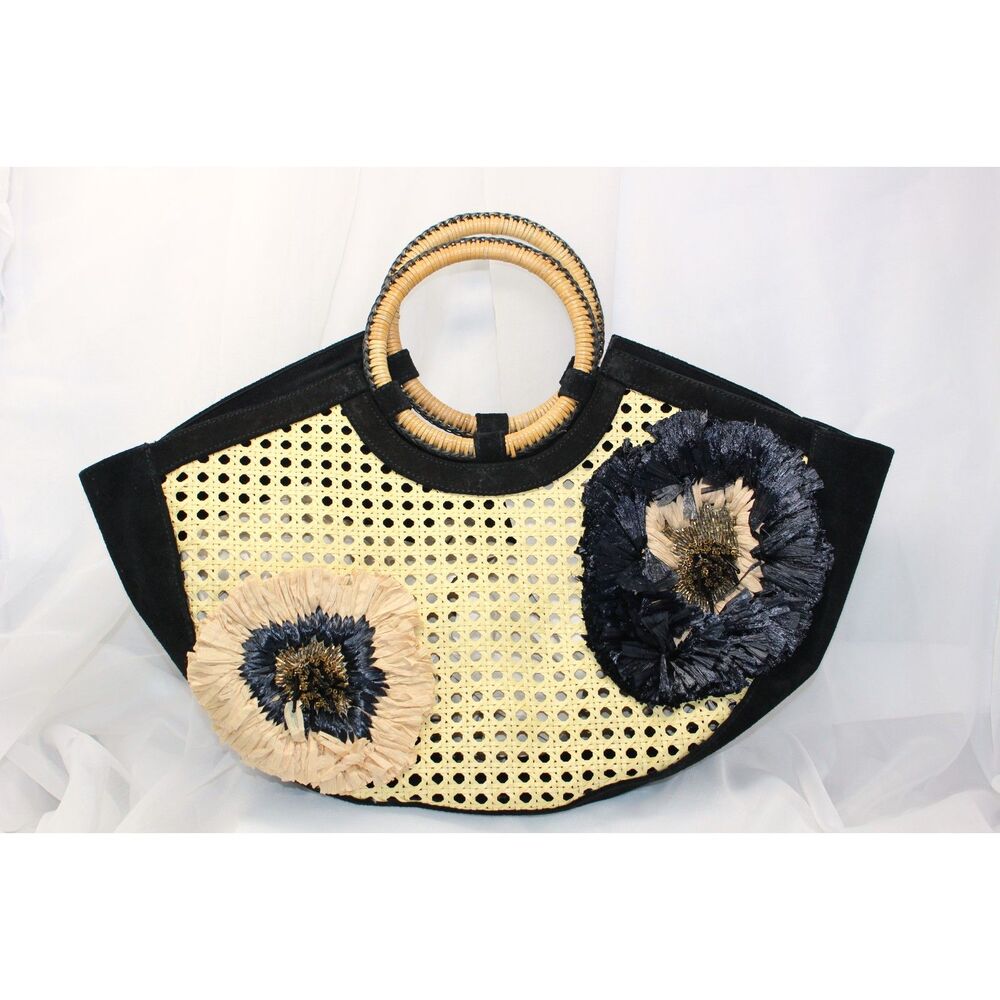 NWOT Deadstock Anthropologie XL Blk Suede Floral & Rattan Embellished Purse/Tote